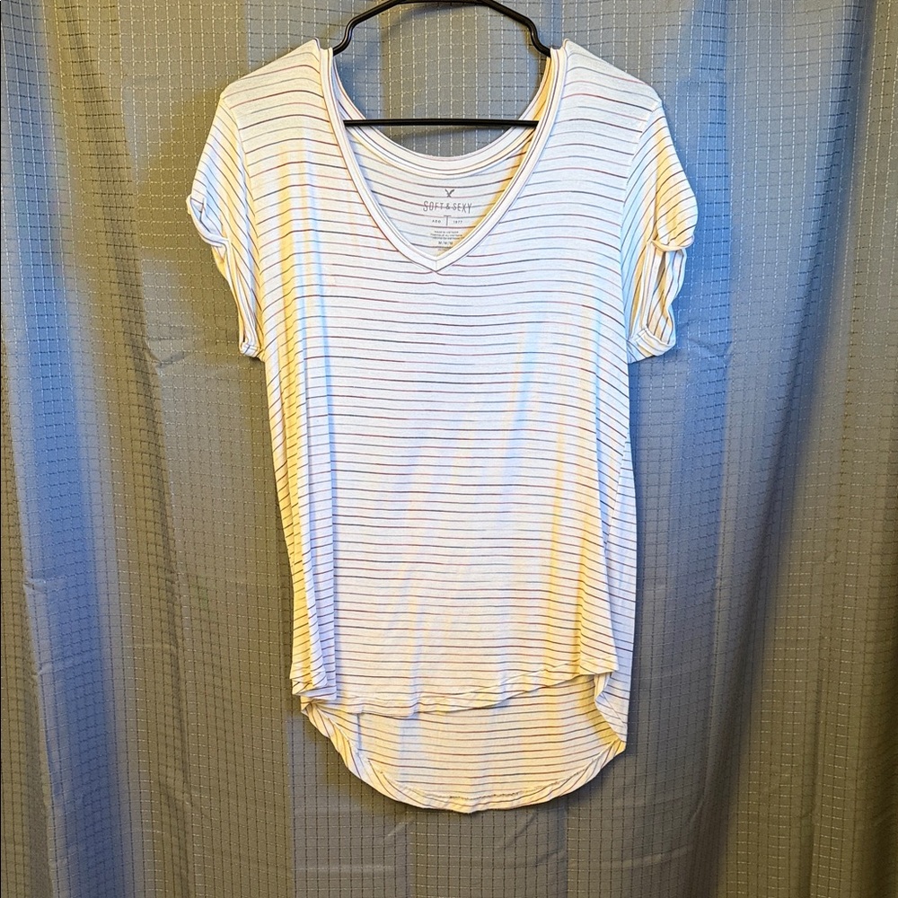 American Eagle Outfitters White and Pink Striped Tee